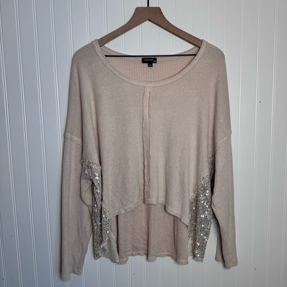 Originality High-Low Sequin Ribbed Asymmetrical Hem Cream Sweater Large NWT